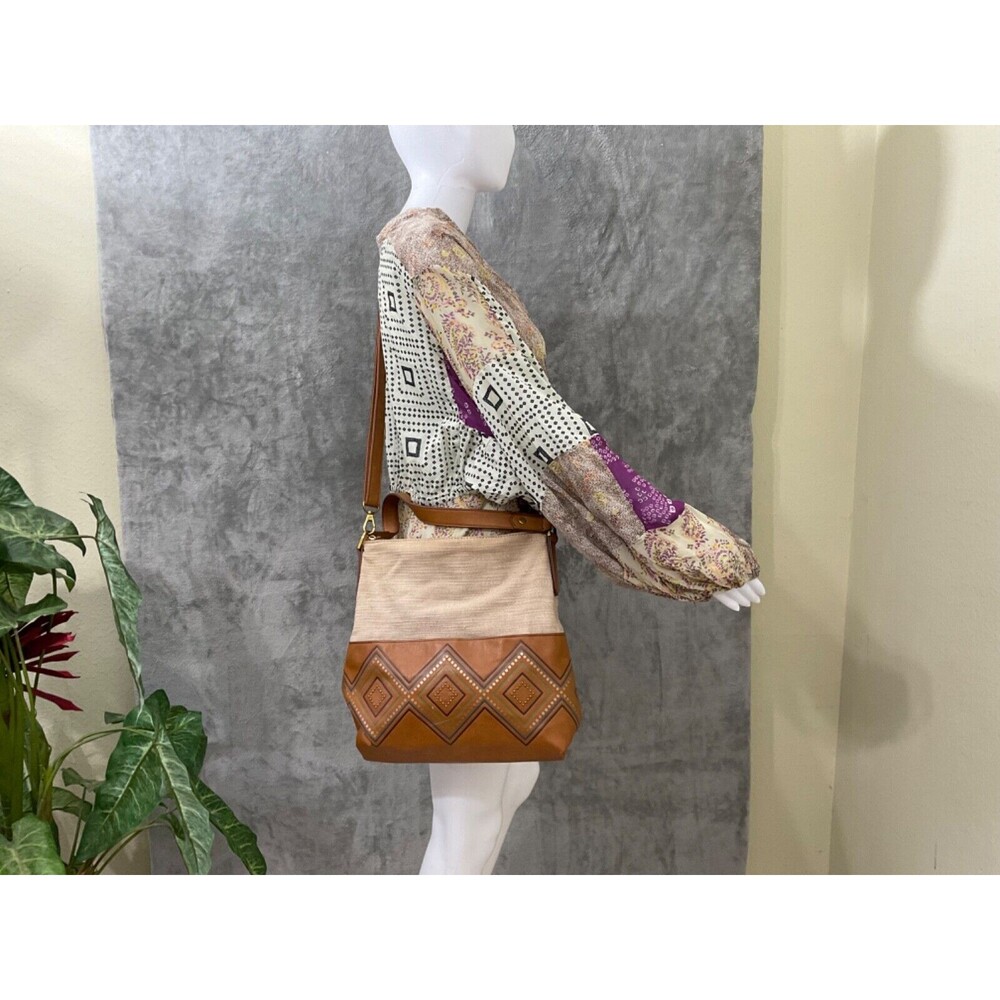 Fossil Amelia Hobo Linen /Faux Leather Shoulder Bag two different lengths straps
